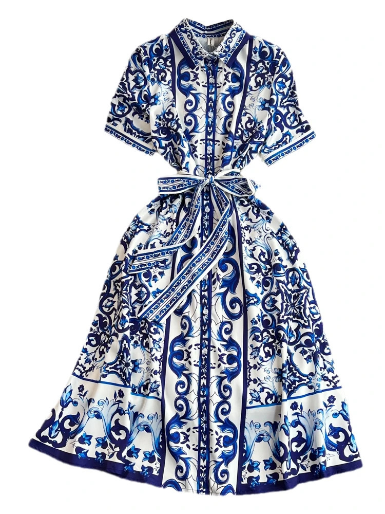 Summer Holiday Floral Midi Dress Shirt Women Blue White Porcelain Print Vestidos Female Short Sleeve Single Breasted Robe250222
