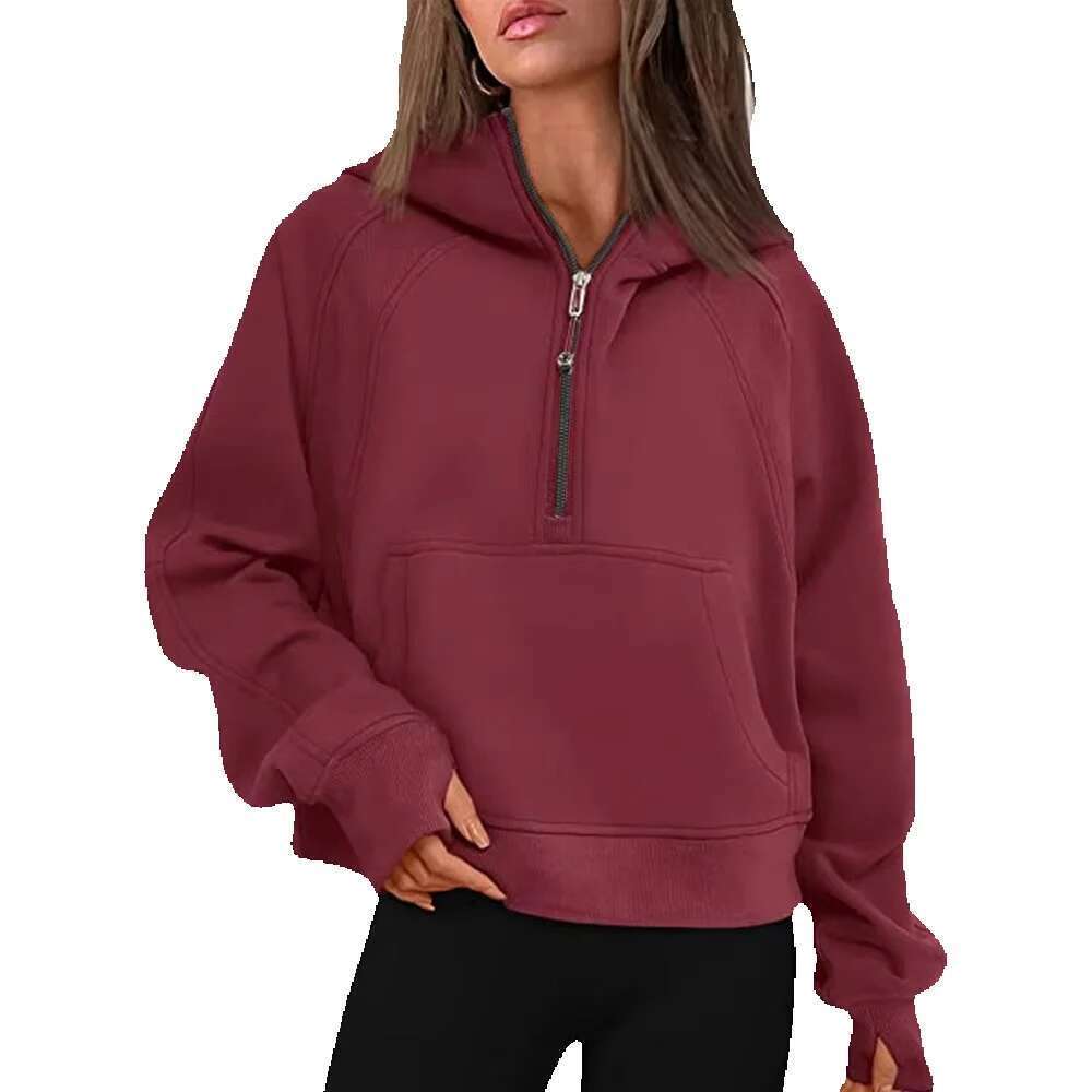 New Fashion Women Girls Fleece Half Zipper High Collar Hooded Sweatshirt Pockets Long Sleeve Solid Color Pullover Casual Hoodie