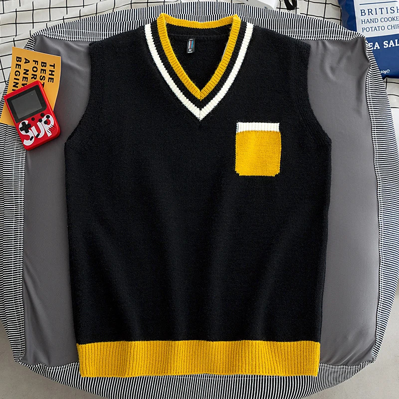 Mens Preparatory Style Sweater Tank Top Vneck Sleeveless Classic Suitable for Campus Zipper Fashion 250225