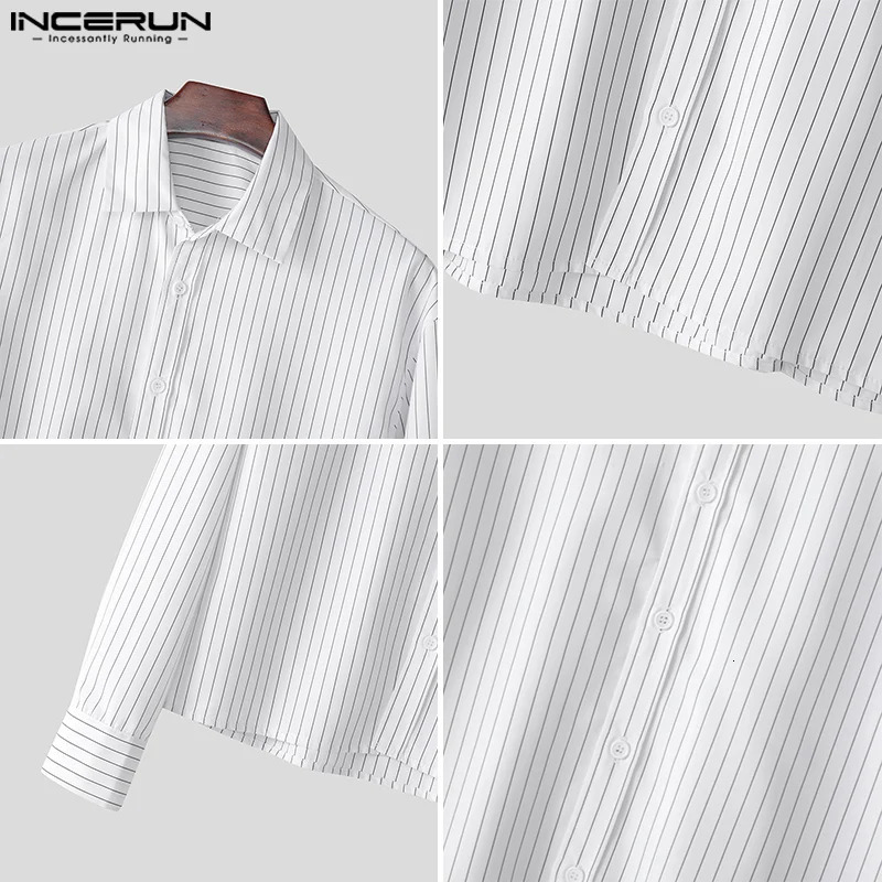 INCERUN Tops Korean Style Mens Casual Simple Striped Cropped Shirt Fashion Streetwear Male Selling Long Sleeved Blouse 250224