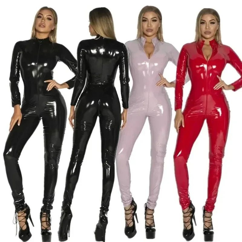 Womens Open Crotch Latex Tight Shiny PU Leather Long Sleeve jumpsuit with Zipper Sexy Clothing 250225