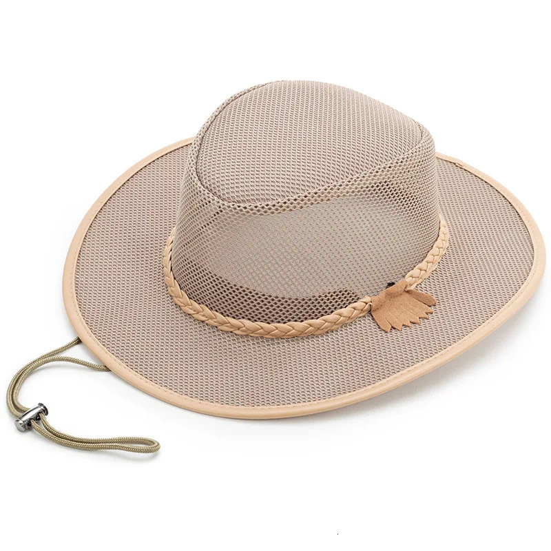 Hollow Out Breathable Solid Color Adjustment Rope Men Jazz Hat Summer Sun Protection Outdoor Wide Brim Cowboy Hat Beach Cap 250218