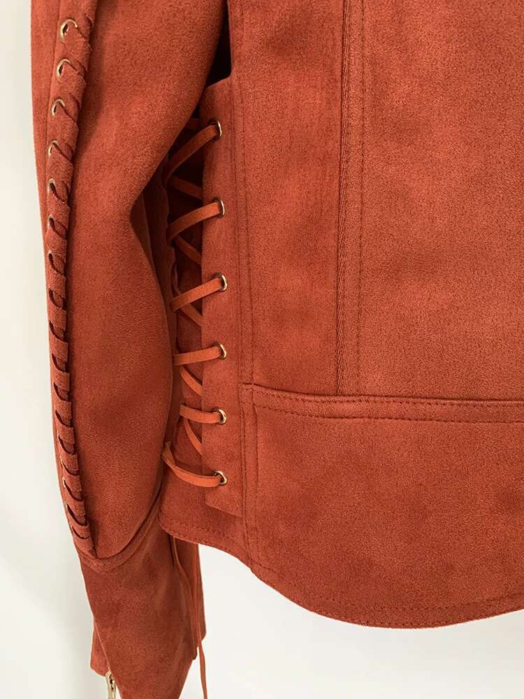 Newest F/W Designer Women's Rope Lacing Up Beaded Synthetic Suede Leather Motorcycle Biker Jacket womens designer clothing