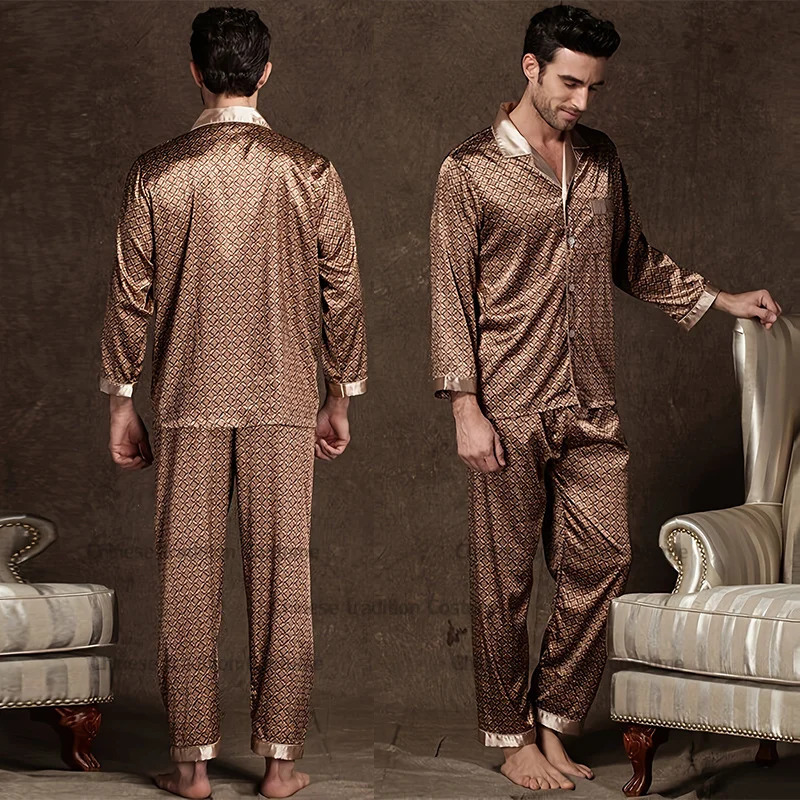 Thin satin pajama set mens printed 2PCS set casual pajama mens autumn spring casual pajama loose pajama 250225