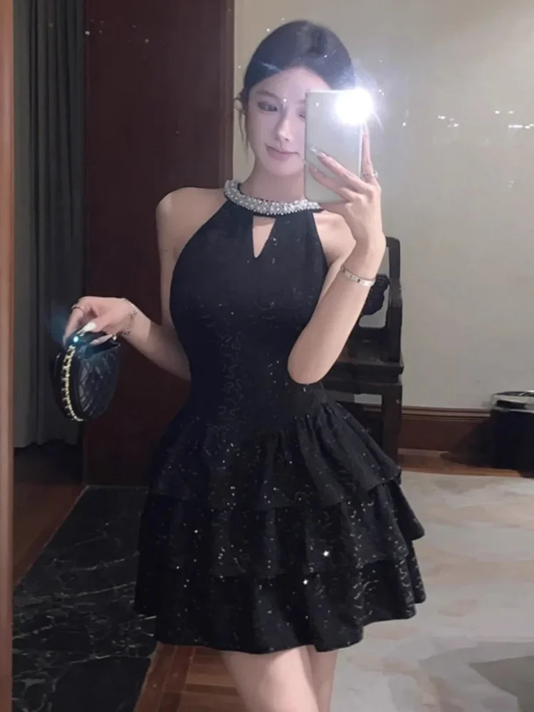 Ezgaga Woman Dress Sleeveless Sequins Rhinestone Halter Hollow Out Slim Ruffles Bowknot Vintage Elegant Mini Dresses Sexy Ladies 250225