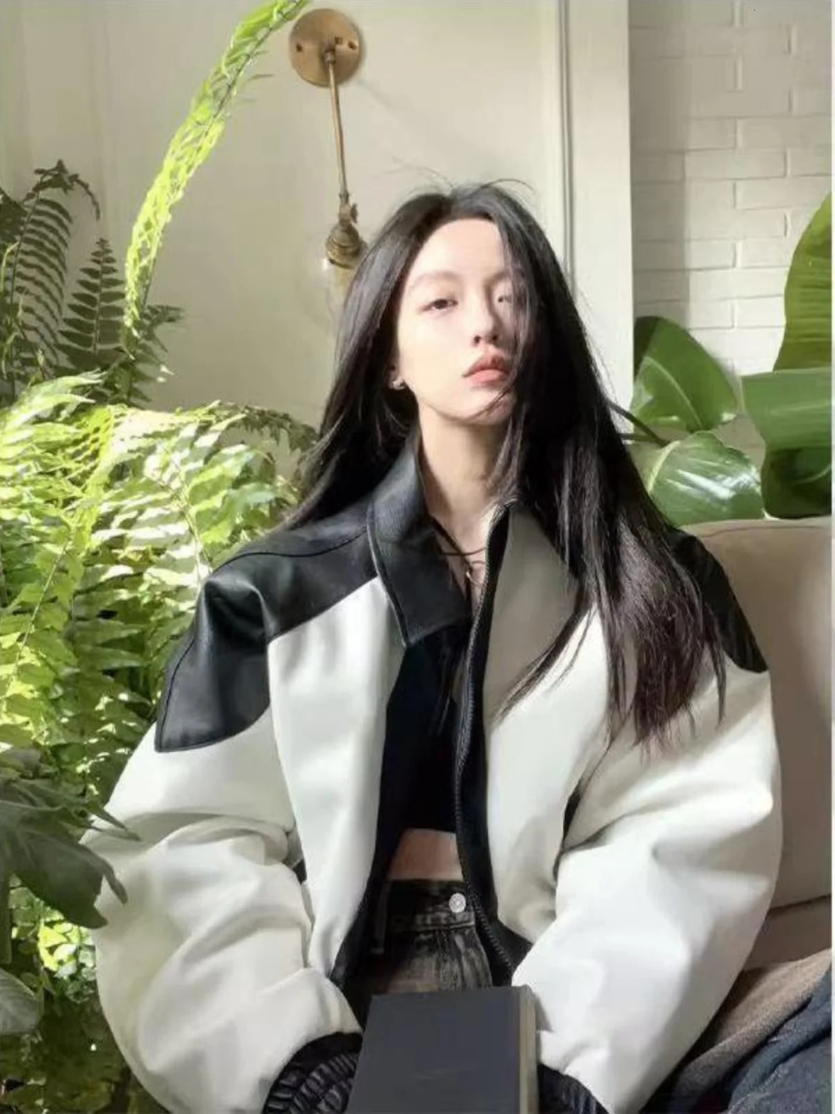 Womens Vintage China-Chic Black White Contrast Splice Leather Jacket Female Spring Autumn Fashion Loose Long Sleeve Coat 250225