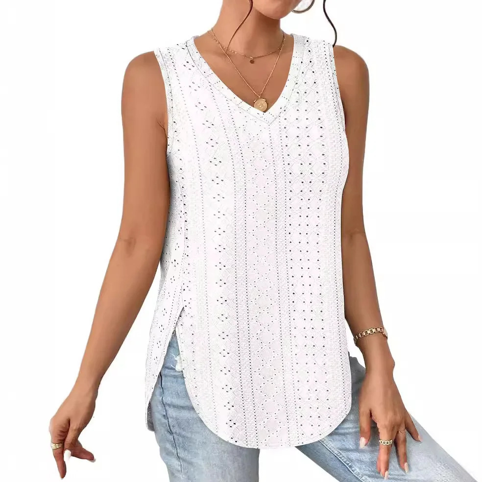 Womens Summer Top V-neck Vest Sleeveless Eyelet Jacquard Top Casual Vest Side Split T-shirts For Women Knitted Top 250226