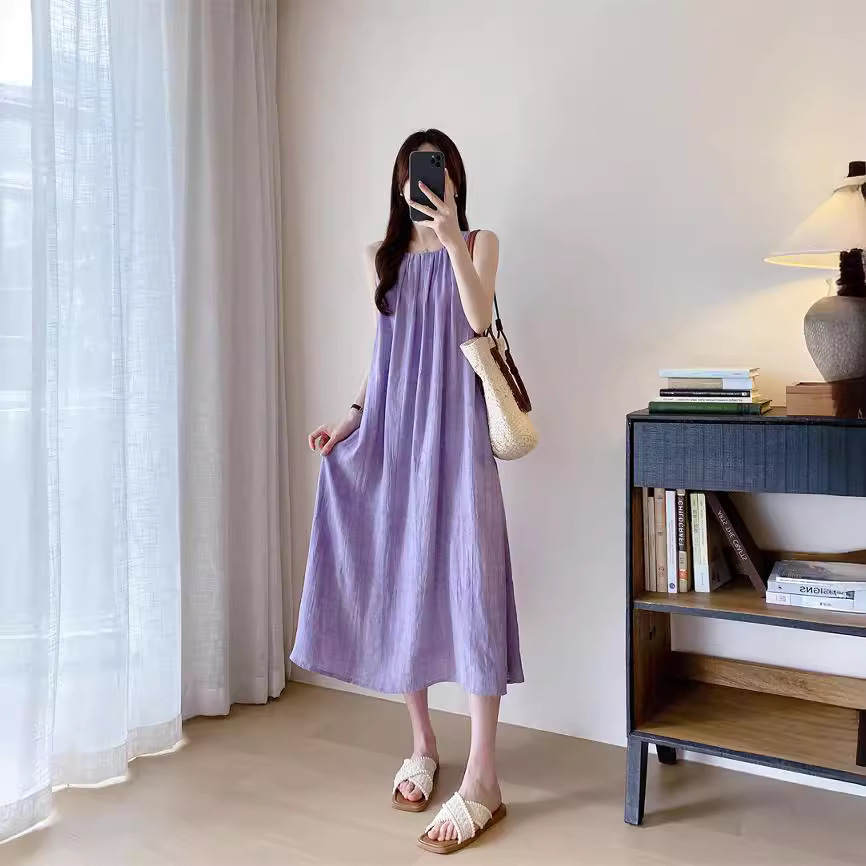 H4118 Lazy holiday style seaside linen dress halter neck suspender sleeveless vest dress female summer