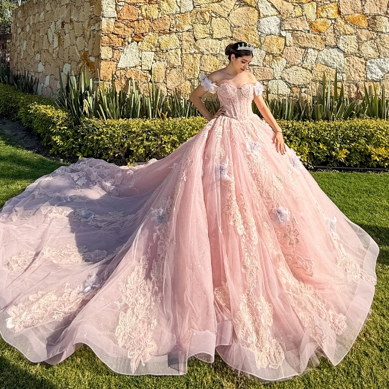 Pink Shiny Quinceanera Dresses Ball Gown Off The Shoulder Applique Lace Beads Tull Corset Party Birthday Sweet 16 Dress Vestidos 15 Anos