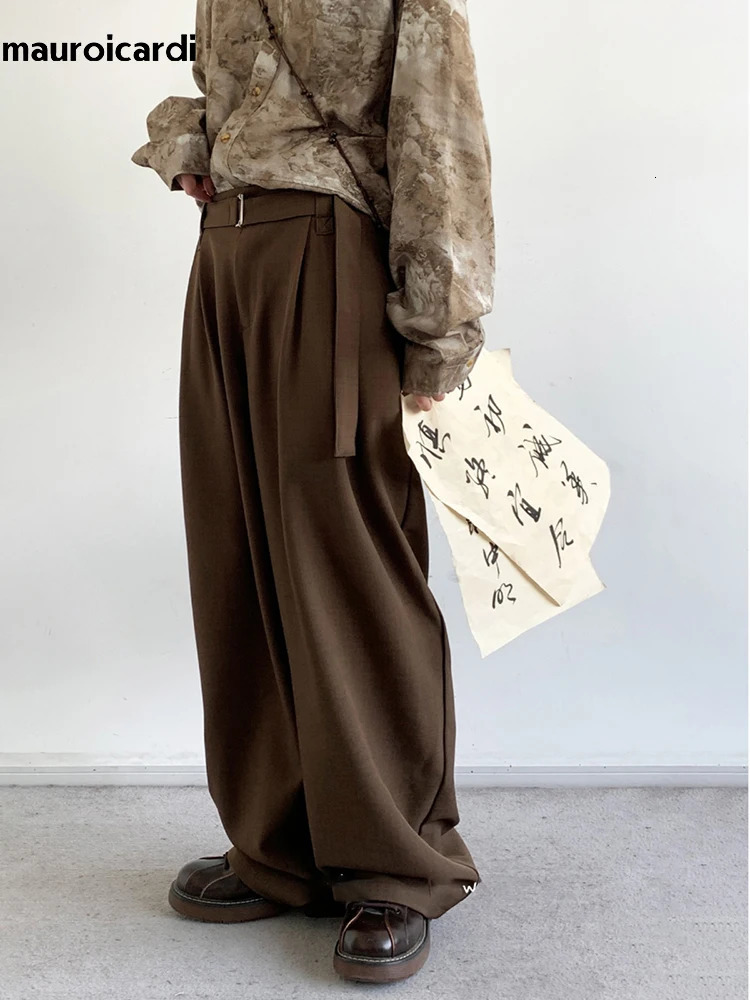 Mauroicardi Spring Autumn Long Coffee Flowy Baggy Wide Leg Pants for Mens Belt Korean Fashion Loose Casual Soft Trousers 250225