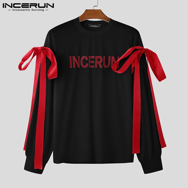 INCERUN Tops American Fashion Mens Patchwork Printed Bow T-shirt Mens Street Clothing Personalized Long Sleeve Camiseta 250224