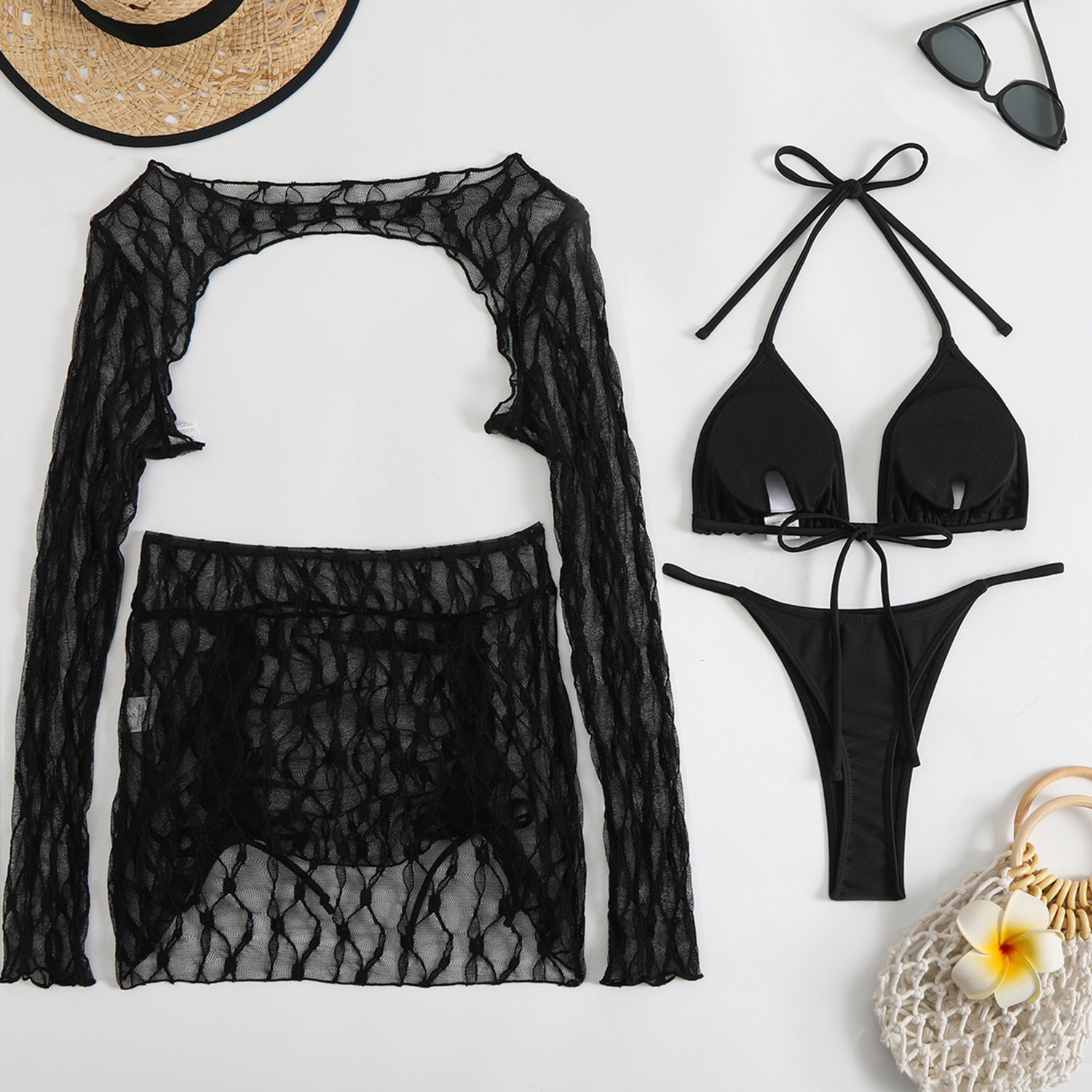 2025 fashion New Solid Color Special Mesh Four Piece Beach designer Swimsuit Sexy Bikini swimwear