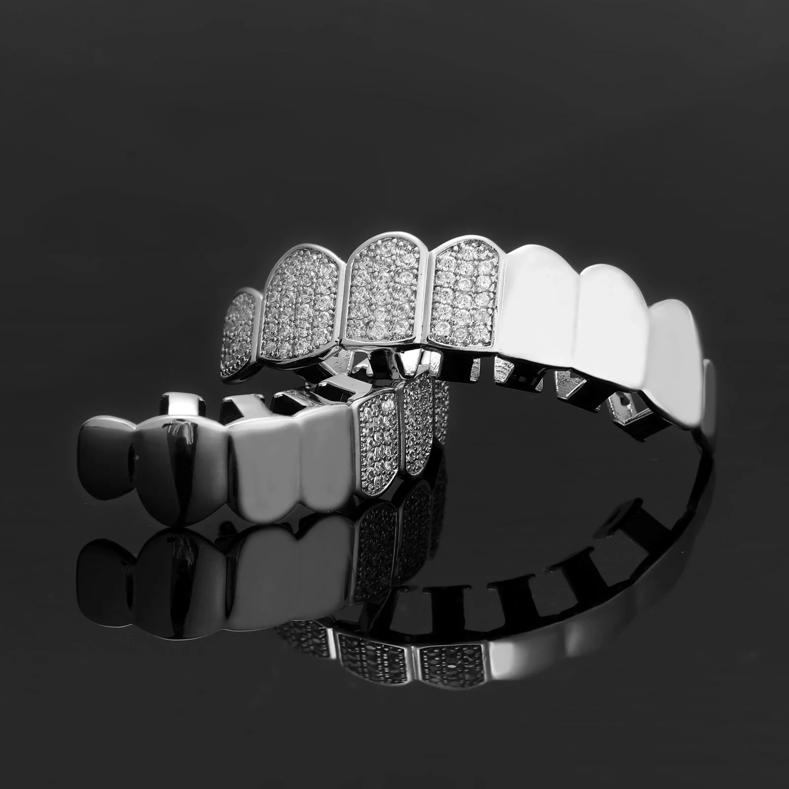 Half Mirrow Style Zircon Iced Out Teeth Hip Hop 8/8 Top Bottom Grills Dental Mouth Punk Teeth Caps Cosplay Party TG094 250220