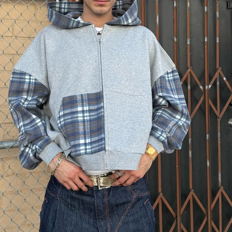 Y2K plain pocket zipper jacket plain splicing work hoodie mens retro unisex boxing sweatshirt 250225