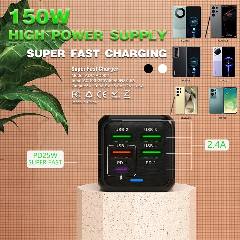 USB Phone Charger 150W 6 Ports PD Type C Fast Charge Wall Charger For iPhone 15 Samsung Xiaomi EU/US/UK Plug Phone Power Adapter