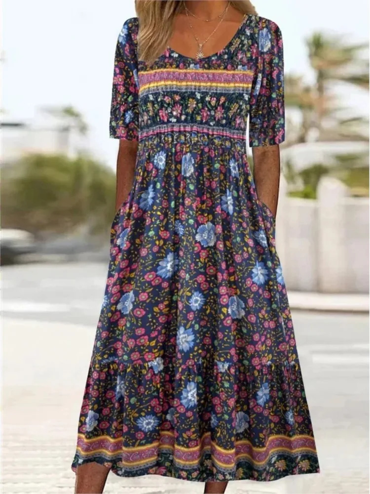 Summer O-neck Short Sleeve Bohemian Maxi Dress Women Fashion Flower Printing Vintage Female Dress Casual Holiday Dresses 250225
