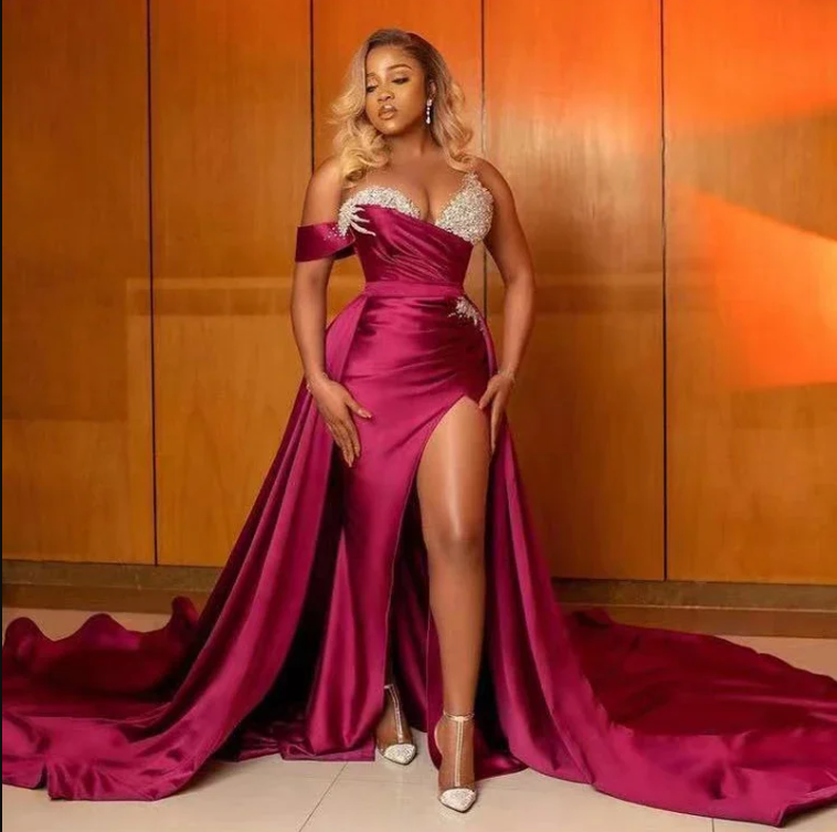 Rose Pink Mermaid Evening Dresses With Detachable Train Elegant Off Shoulder Beads Sequins Side Split Celebrity Gowns Sexy Special Occasion Wears Prom Dress