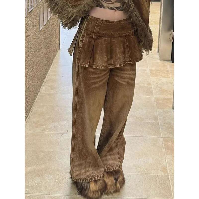 Women's Brown Splicing Cargo Baggy Y2k Japanese Haruku High Street 2000S Style Streetwear Aesthetic 90S Retro Jeans 2025