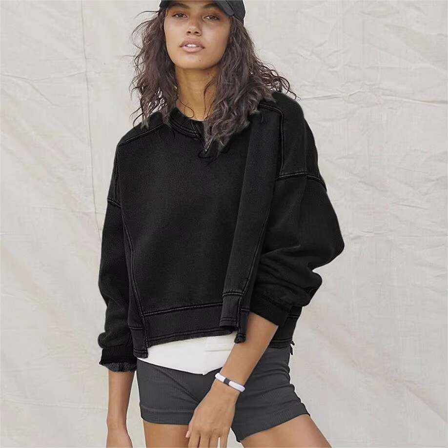Customized Y2k Long Sleeve Outdoors Crop Shirt Round Neck Loose Terry Pullover Sporty Wear Sweatshirt Women Basic Top