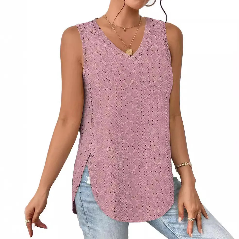 Womens Summer Top V-neck Vest Sleeveless Eyelet Jacquard Top Casual Vest Side Split T-shirts For Women Knitted Top 250226