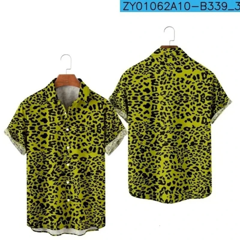 Mens Hawaiian T-Shirt Y2K Hombre Fashion Shirt Hawaiian Leopard Print 3D Print Cozy Casual Short Sleeve Beach Oversized Clothes 250226
