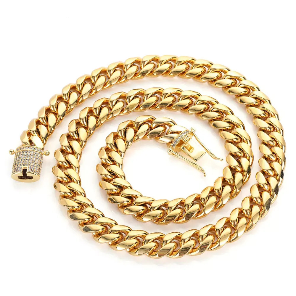 6-12mm Hip Hop Cuban Chain Iced Clasp Stainless Steel 18K Gold Plated Chaine For Men Necklace Jewelry 250225
