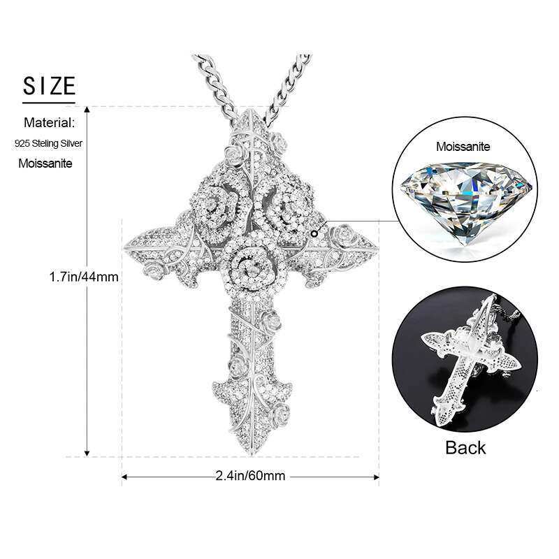 Trendy Moissanite Cross wer Necklaces Pendant Sterg Sier Bg Rose Men's Hip Hop Jewelry Top Quality Rock Jewellry