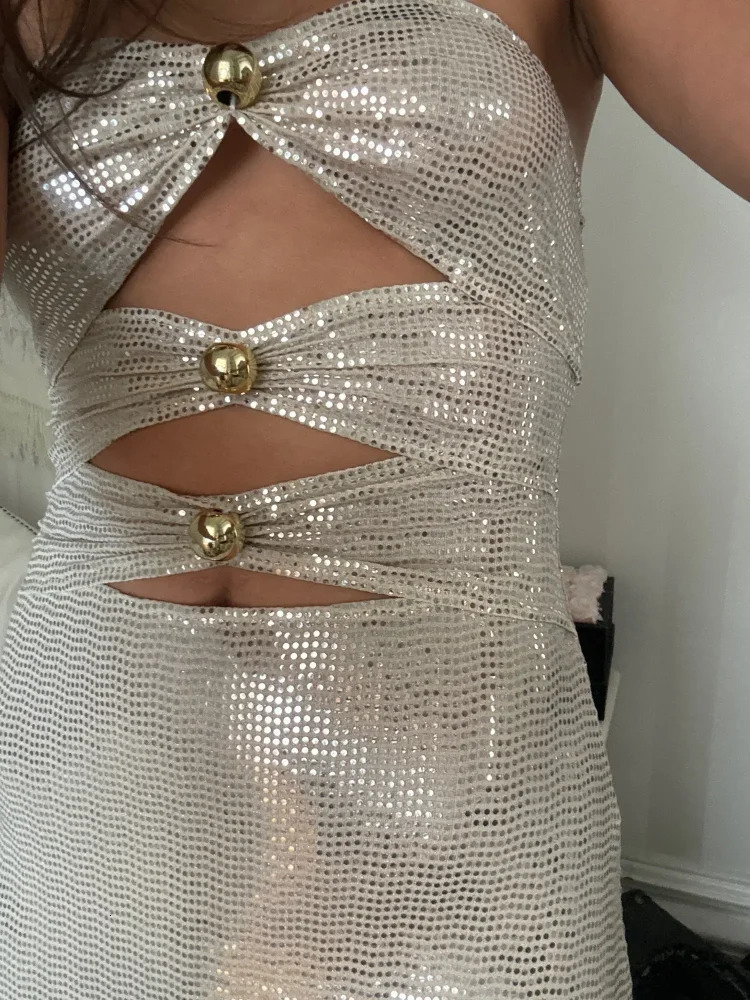 Sexy Sequined Beading Women Long Dress Slim Hollow Out Sleeveless Female Evening Dresses Summer Pleated Lady Robe 250225