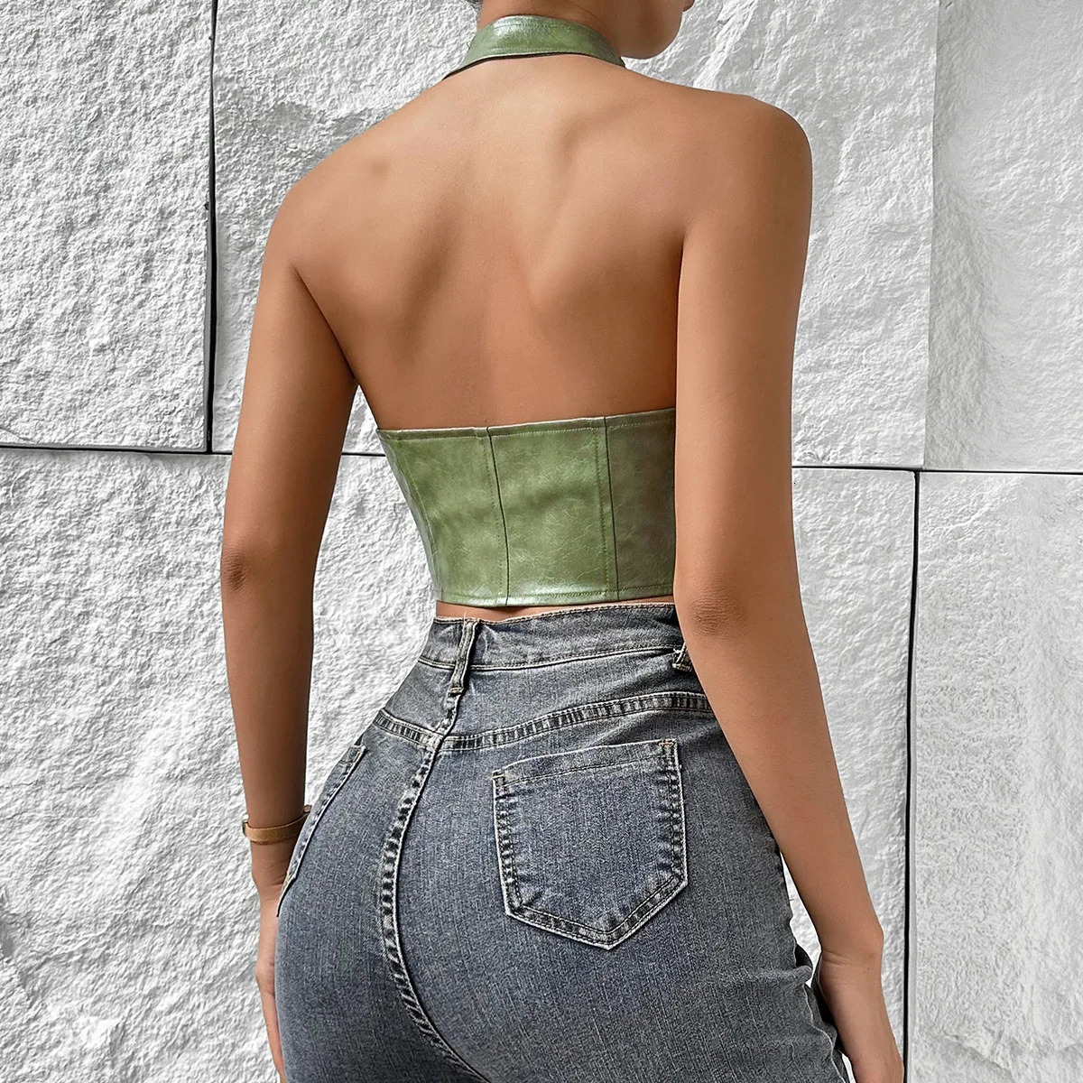 ISAROSE Women Summer Vest Sexy Low Cut Sleeveless Green PU Leather Front Adjustable Bandage Backless Party Club Halter Crop Tops 250225