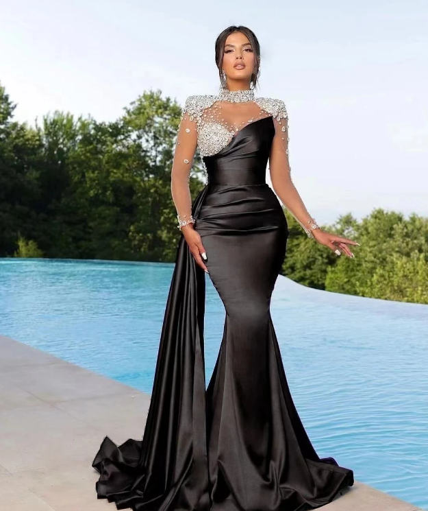 Elegant Hunter Green Mermaid Graduation Dress With Draped Train Sheer Sleeves Jewel Neck Appliques Beads Long Party Prom Evening Gowns Formal Dresses  - view 3