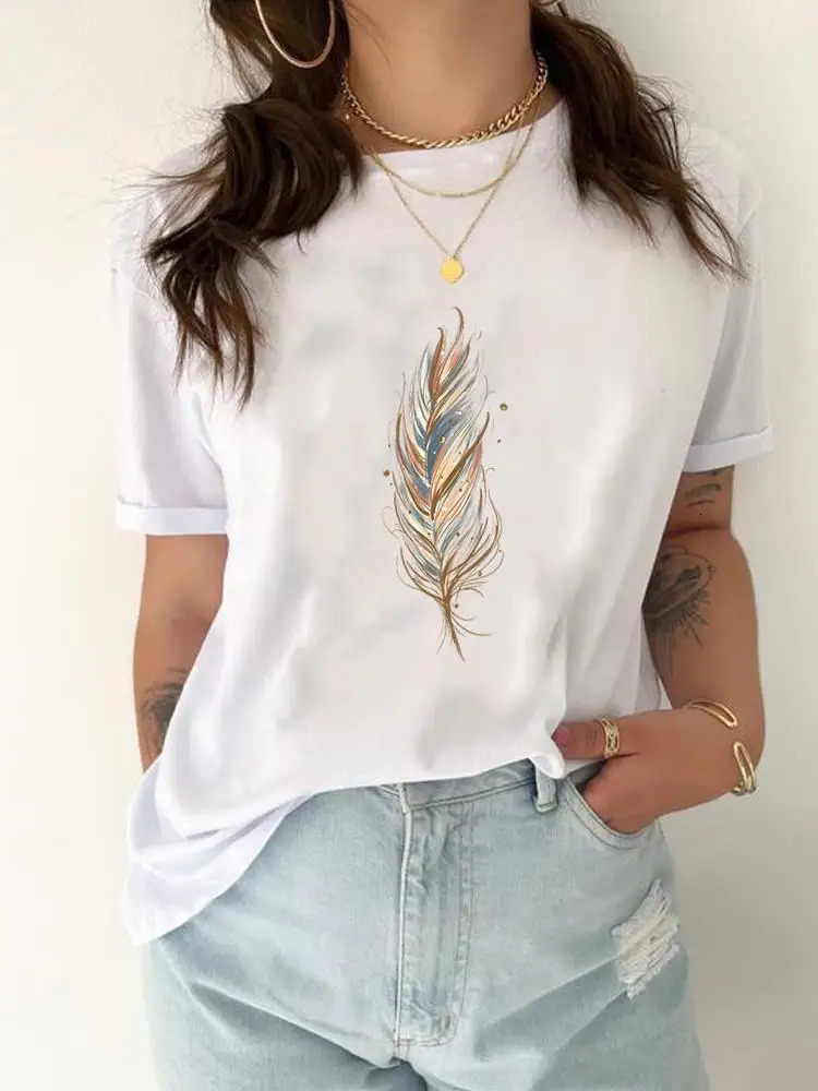 Feather Watercolor Trend Cute Short Sleeve Tee Top Women Fashion Casual Clothing Female Summer Graphic T Shirt Print T-shirt 250226