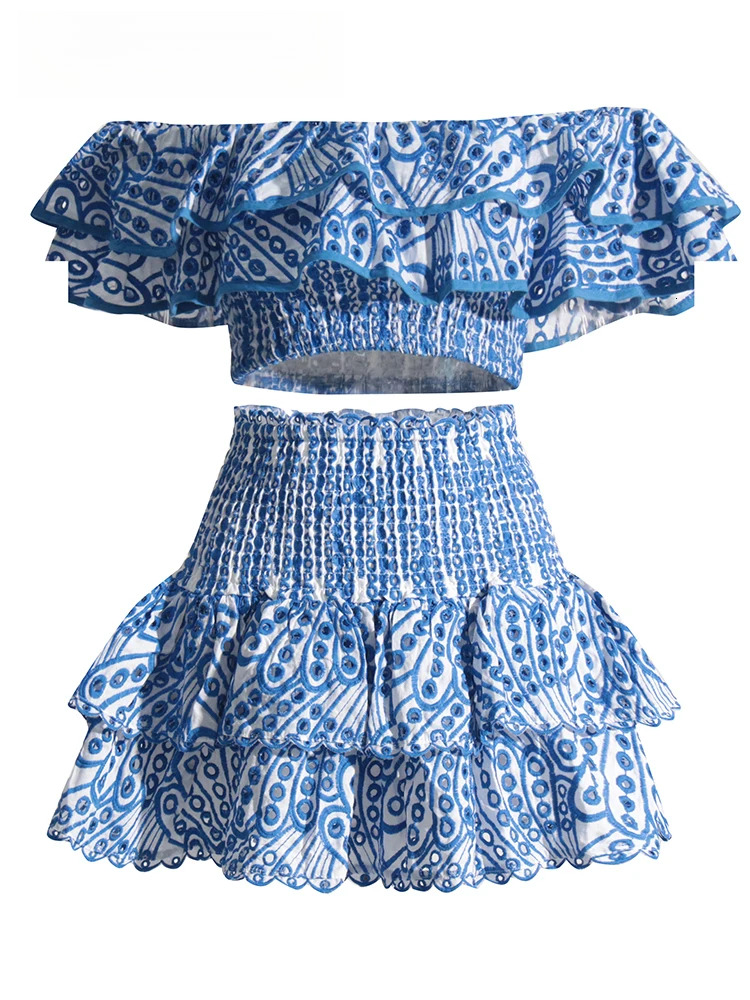 Print Two Piece Sets For Women Slash Neck Short Sleeve Tops High Waist Skirts Summer Loose Set Female Fashion New