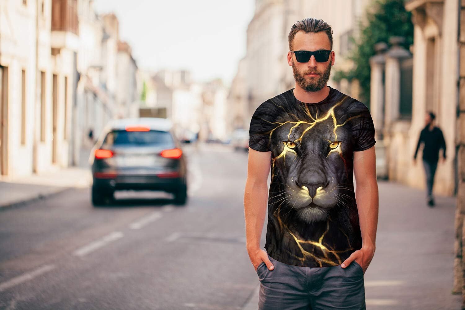 Mens T shirt Lion T Shirts for Men Animal Shirt Lightning Lions King Mens Short Sleeve tee Casual tops summer clothes