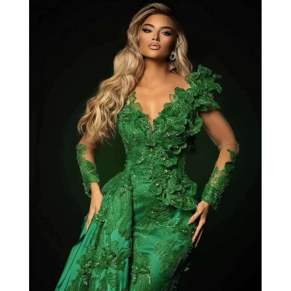 Green Mermaid Prom Dresses with Sequins and V-Neck 3D-Appliques Beaded Lace Detachable Train Satin Evening Gowns Women Formal Party Occasion Robes