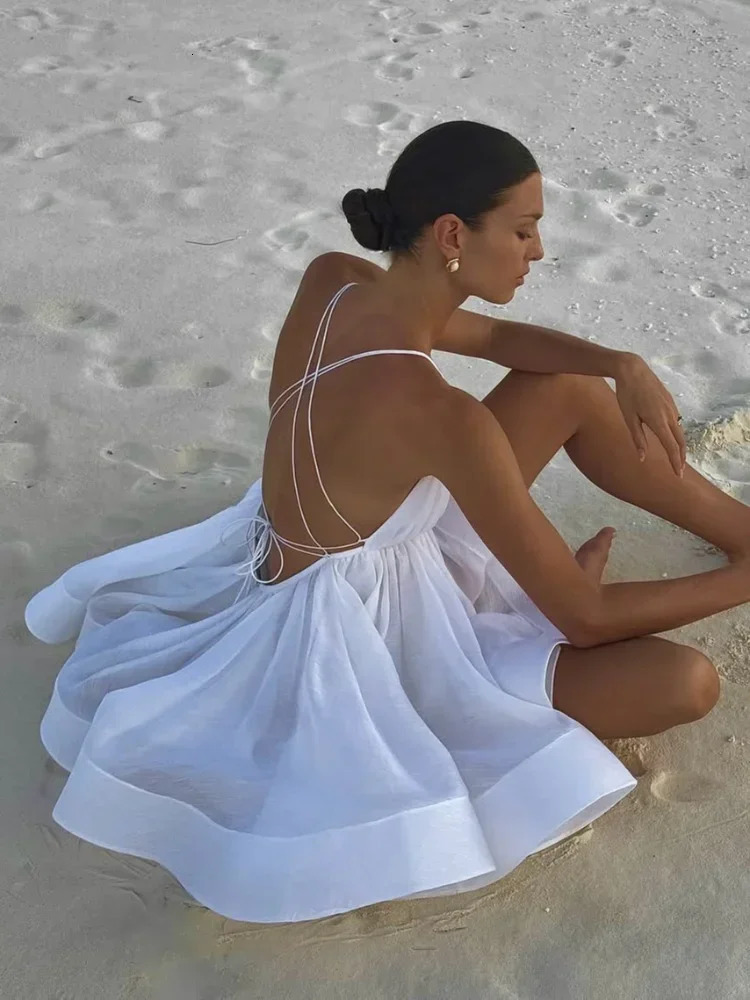 Womens Fashion Yellow Pleated A-line hem Mini Dresses Sexy Sleeveless Backless Lace-up Dress Chic Ladies Holiday Beachwear 250225