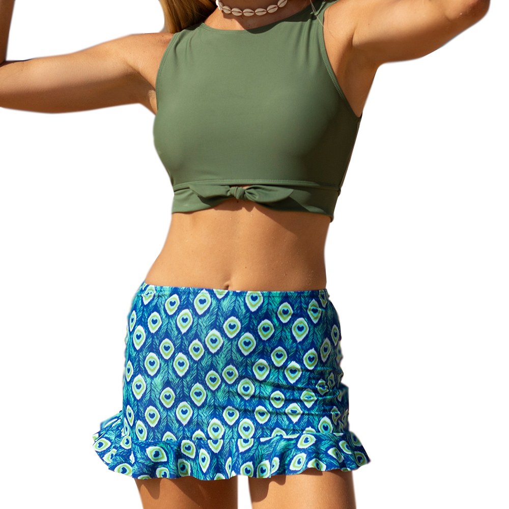 Knot Design Army Green Crop Top With High Waist Ruffle Trim Peacock Feather Print Skirted Bottom Bikini Set For Women