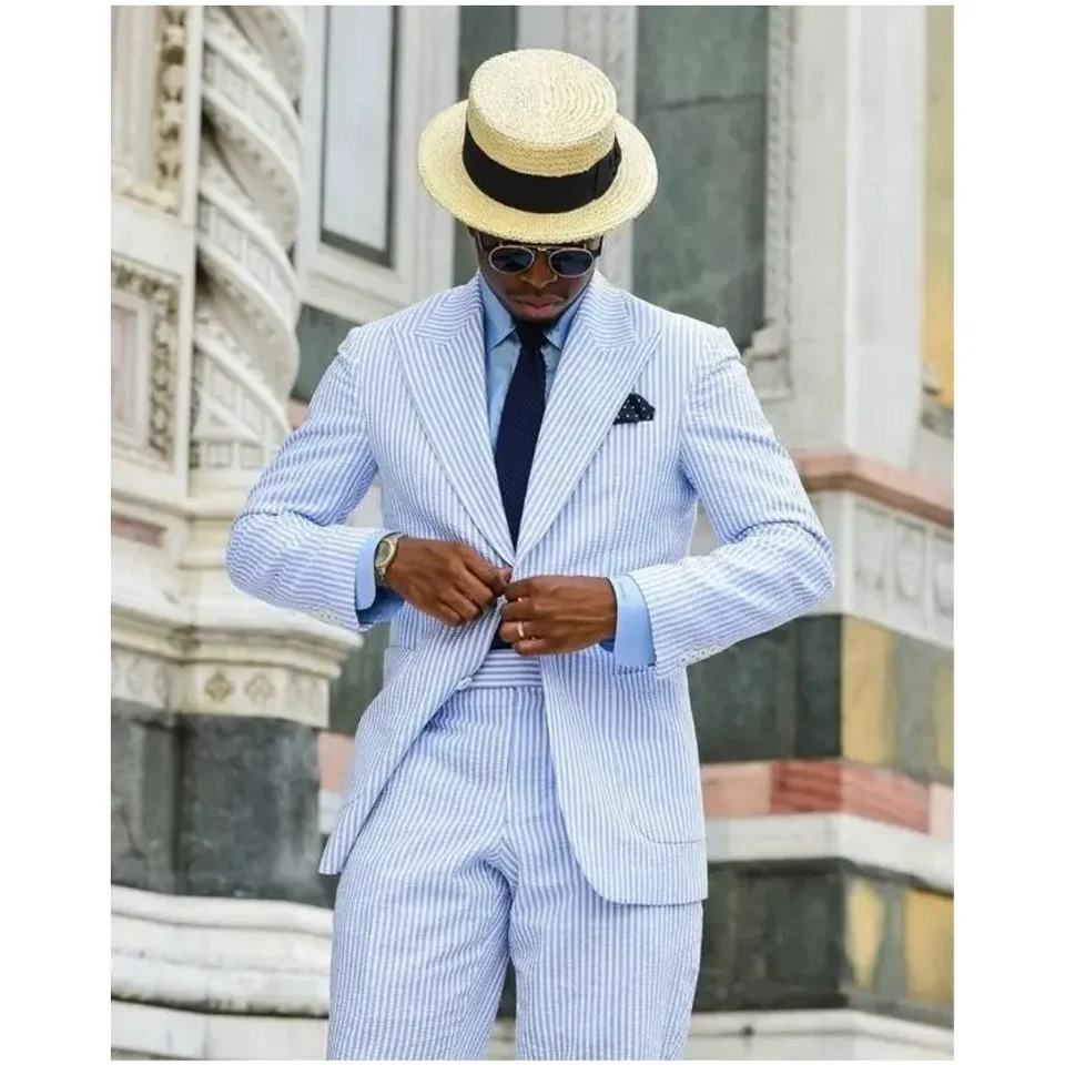 2 Pieces Summer Casual Men Suits Seersucker Stripe Outfits Custom Wedding Groom Tuxedo Costume Homme Peaked Lapel JacketPants 250224