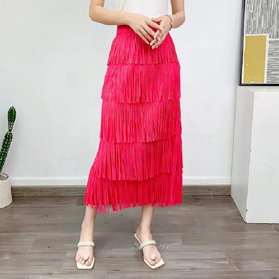 Qooth Women Casual Tassel Pleated Skirt Elegant Elastic Waist A-line Long Skirt For All Season QT2140 250225