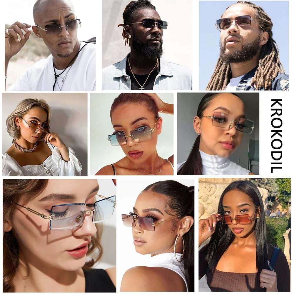 Men's Retro Sunglasses for Men Women Tinted Lens Metal Frame Vintage Rimless Rectangle Glasses UV400 Protection