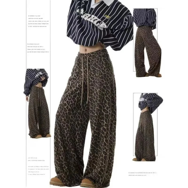 Sensibility Loose-Fit Slimming Straight-Leg Wide-Leg Dragging Pants Spring Autumn Style American Vintage Leopard Slip 250225