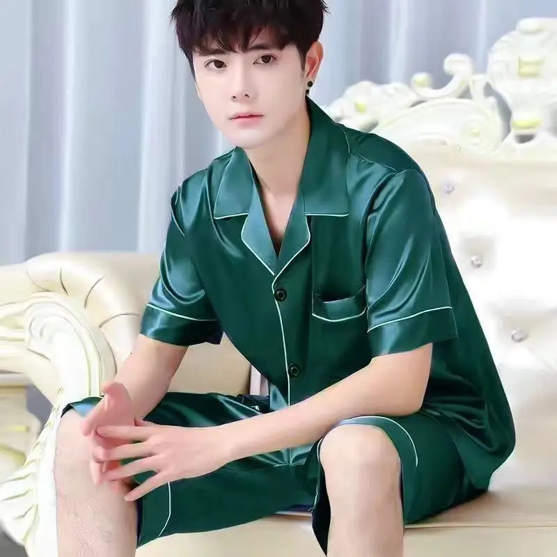 Summer Silk Satin Mens Pajamas Solid Color Sleepwear Big Size Short Sleeve Button-Down Pajamas Home Suit Pajamas Lounge Pjs Sets 250225