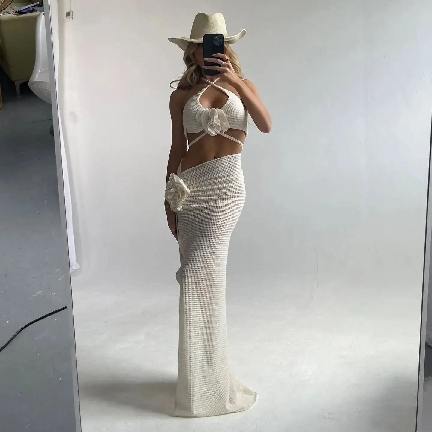 2025 3pack Bikini with Beach Skirt Swimwear Women 3D Flower Swimsuit Halter Bathing Suit Beachwear Bikini Set Biquini 250225