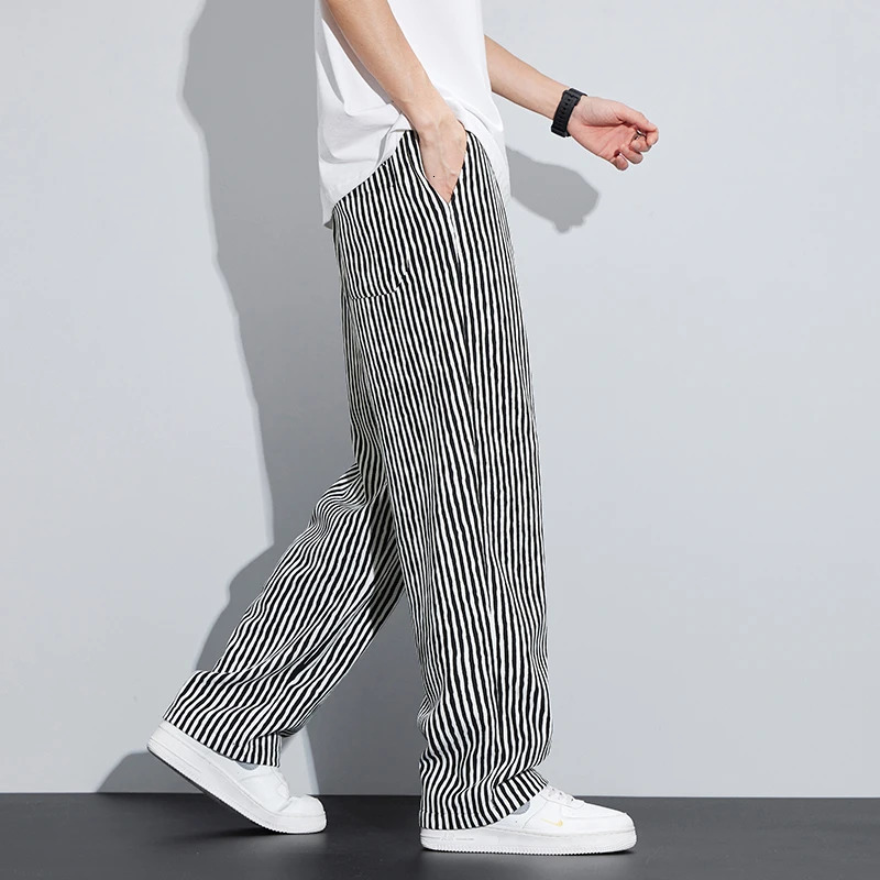Spring and summer striped casual pants mens loose straight wide leg brushed elastic waist pants mens pants 250225