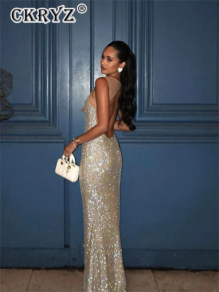 Ladies Autumn Bling Glitter Sequins Fashion Evening Party Dress Women Sleeveless Backless Maxi Dresses Clubwear Fall Outfits 250225