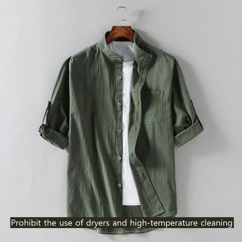 Spring and Summer Stand Collar Five-point Mid-sleeve Fashionable Mens Short-sleeved Shirt Seven-point Sleeve Large Size Mens 250226