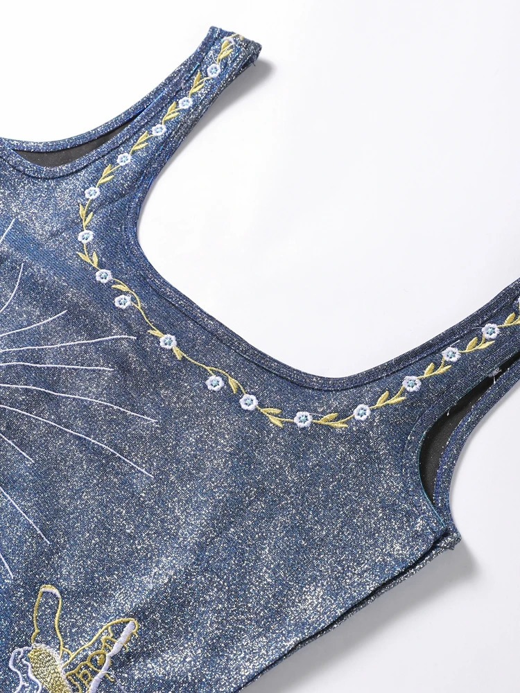 Embroidery Printing Sequins Party Dress Women Sexy Slim Sleeveless Sling Split A-line Dresses Mini Hip Package Lady Robes 250225