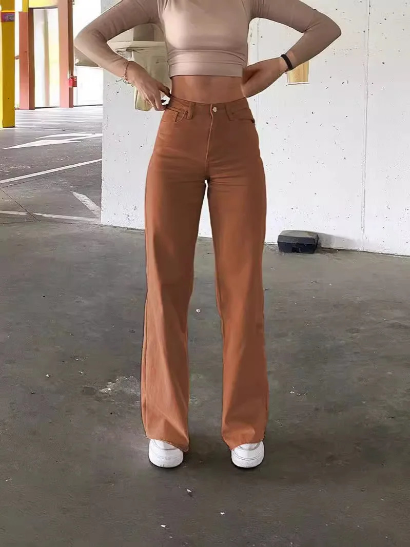 High waist washed straight casual pants solid color all-match womens slim fit casual pants 250225