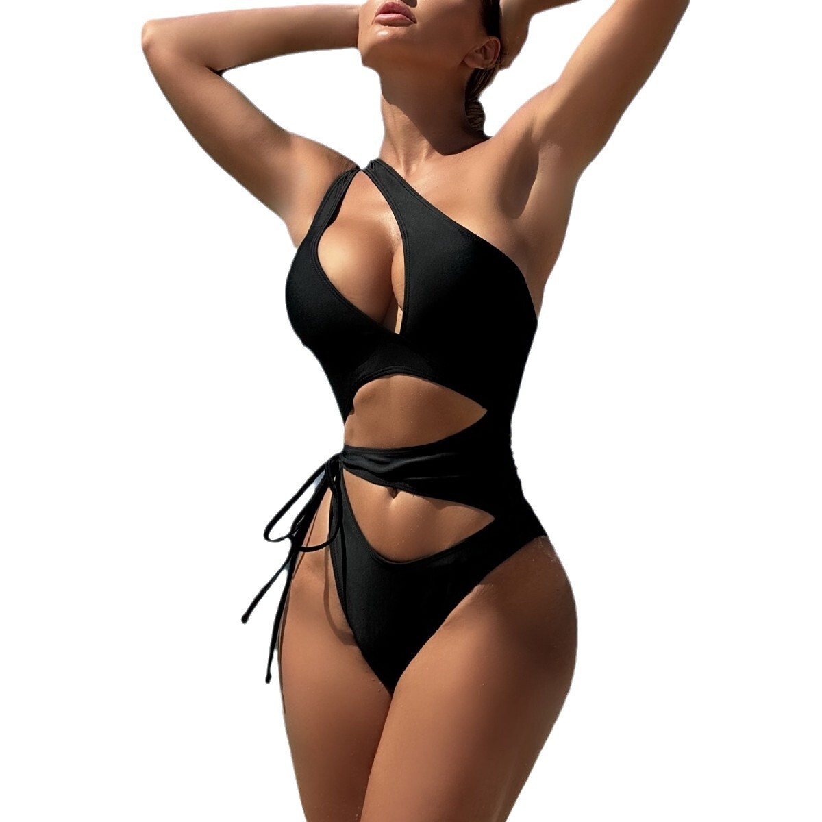 fashion swimsuit sexy solid color hollow drawstring strap new one-piece designer bikini swimwear