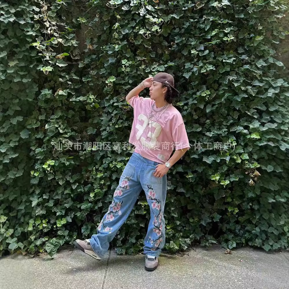 Y2K bagged cherry blossom embroidered pattern jeans Harajuku retro hip-hop streetwear mens Gothic casual wide leg pants 240906