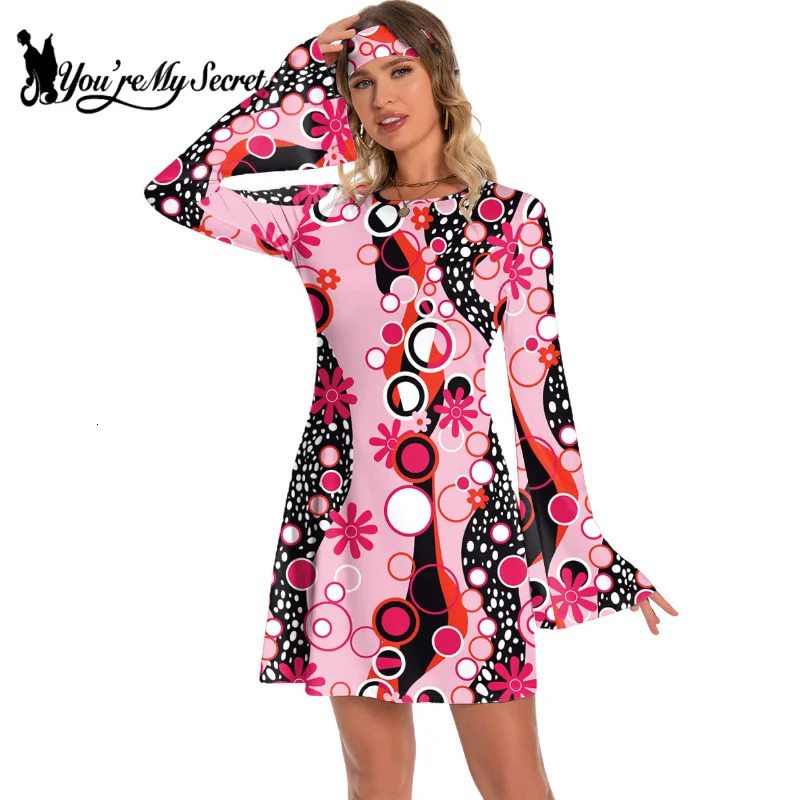 Youre My Secret Women 70s Floral Printed Disco Dress Hippie Clothes Accessories Halloween Dance Costumes Holiday Clothes 250225